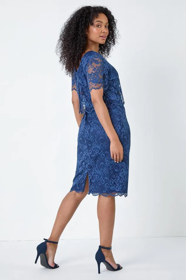 Navy Petite Lace Overlay Stretch Dress Women Roman Dresses