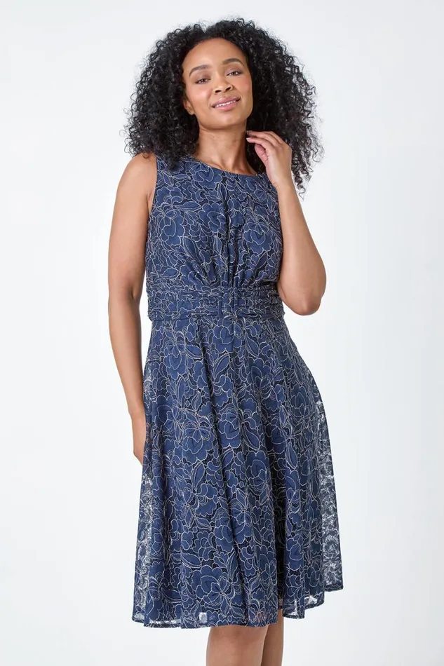 Navy Petite Lace Shimmer Belted Midi Dress Women Roman Dresses
