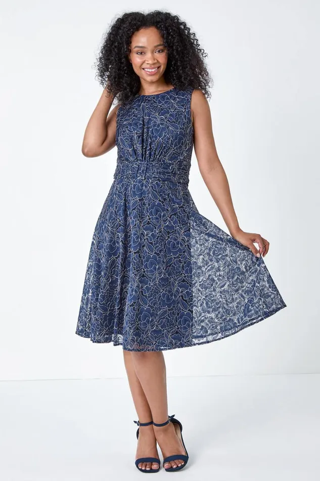 Navy Petite Lace Shimmer Belted Midi Dress Women Roman Dresses