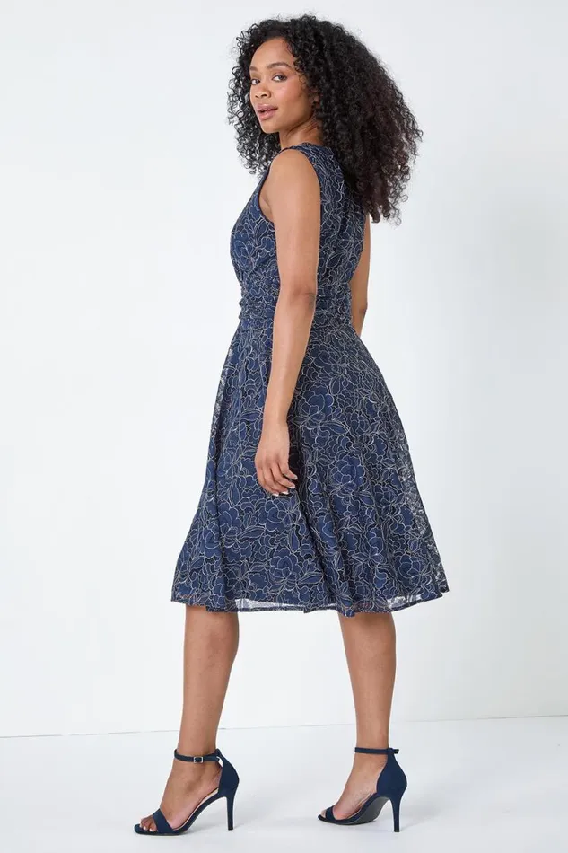 Navy Petite Lace Shimmer Belted Midi Dress Women Roman Dresses