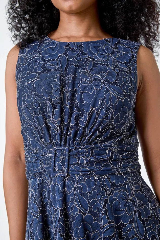 Navy Petite Lace Shimmer Belted Midi Dress Women Roman Dresses