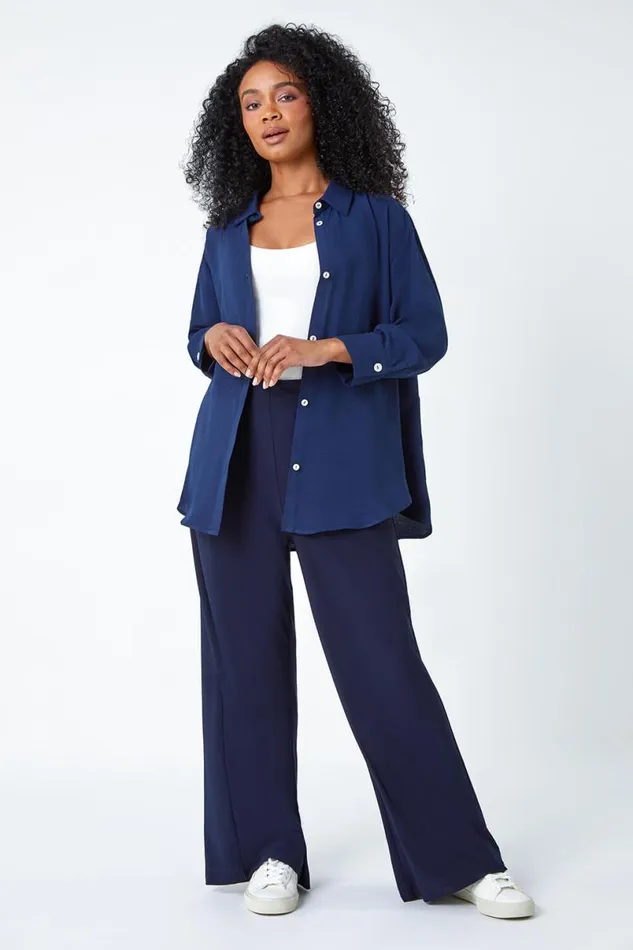 Navy Petite Longline Button Through Shirt Women Roman Tops
