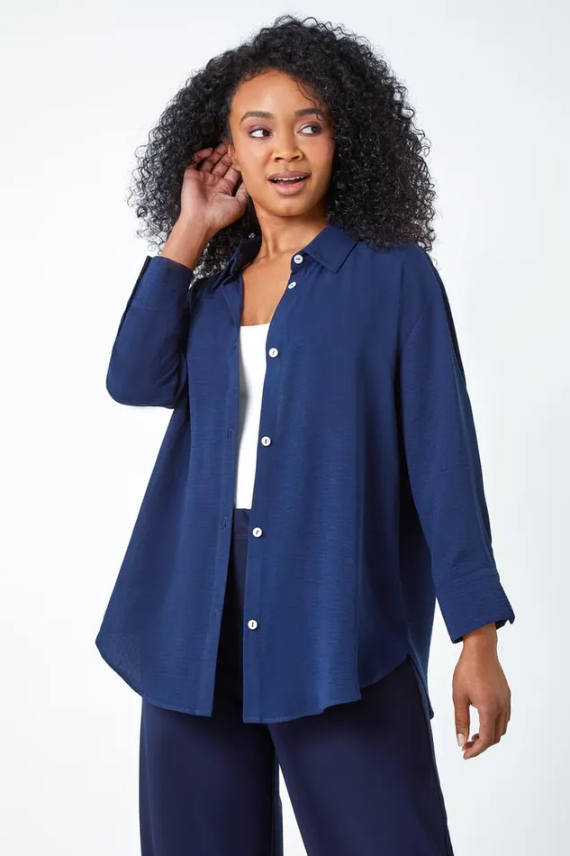 Navy Petite Longline Button Through Shirt Women Roman Tops