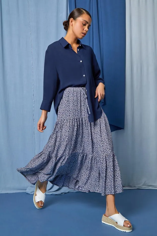 Navy Petite Longline Button Through Shirt Women Roman Tops