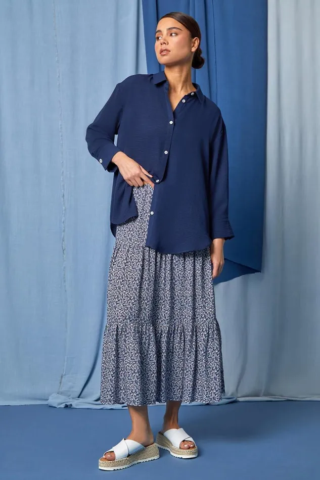 Navy Petite Longline Button Through Shirt Women Roman Tops