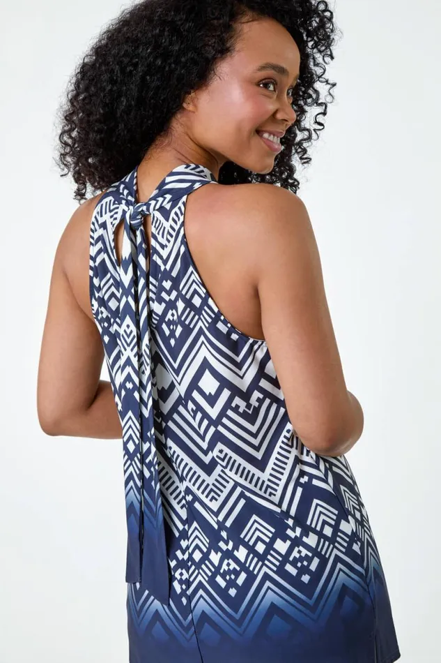 Navy Petite Ombre Print Tie Halterneck Top Women Roman Tops