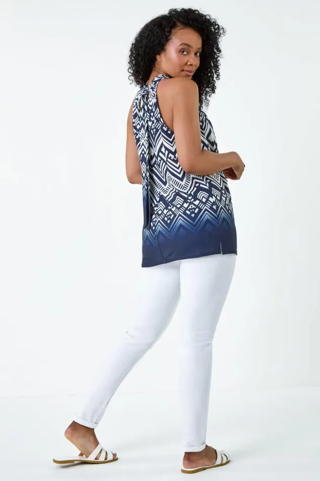 Navy Petite Ombre Print Tie Halterneck Top Women Roman Tops
