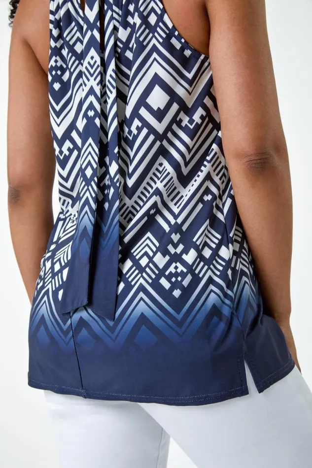 Navy Petite Ombre Print Tie Halterneck Top Women Roman Tops