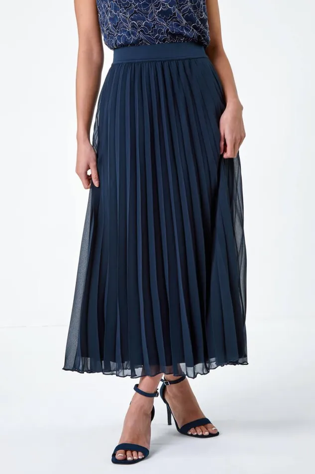 Navy Petite Pleated Elastic Waist Maxi Skirt Women Roman Skirts