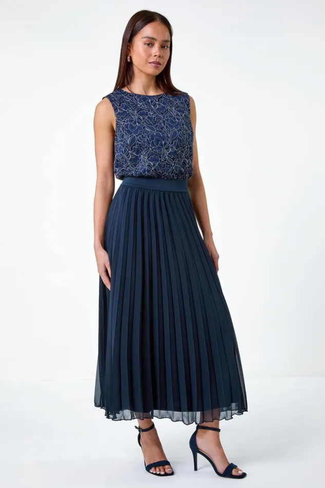 Navy Petite Pleated Elastic Waist Maxi Skirt Women Roman Skirts
