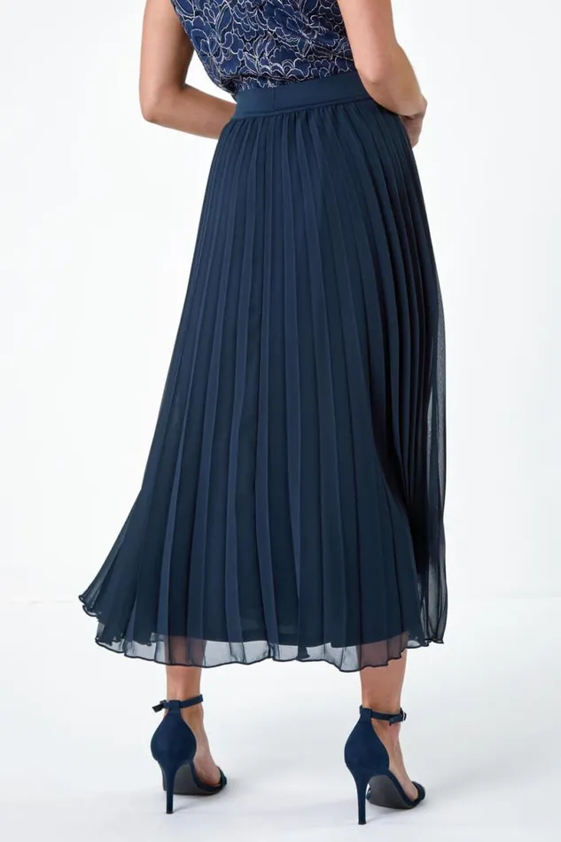 Navy Petite Pleated Elastic Waist Maxi Skirt Women Roman Skirts