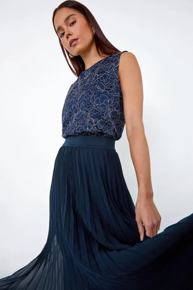 Navy Petite Pleated Elastic Waist Maxi Skirt Women Roman Skirts