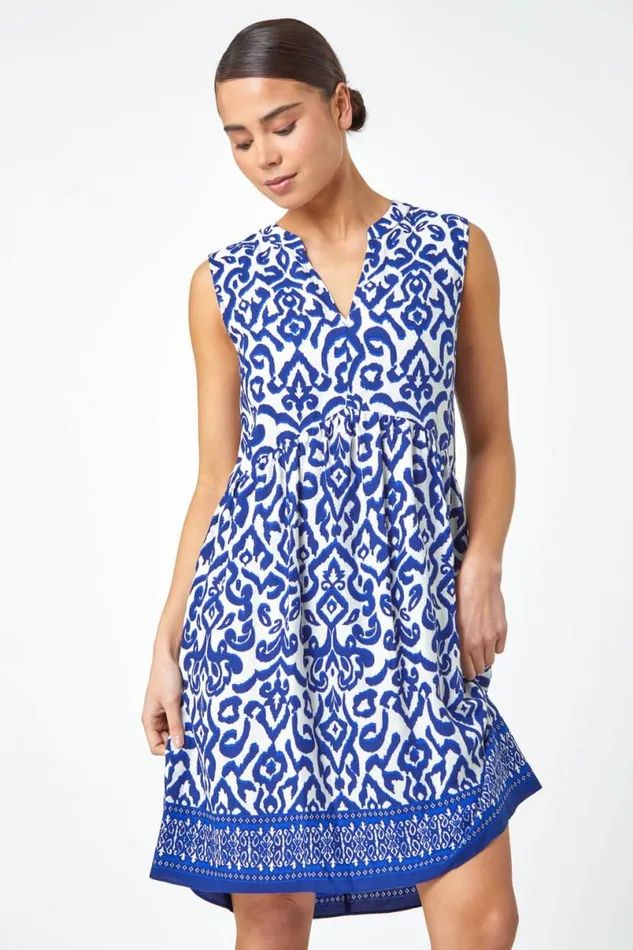 Navy Petite Sleeveless Aztec Print Tunic Dress Women Roman Dresses