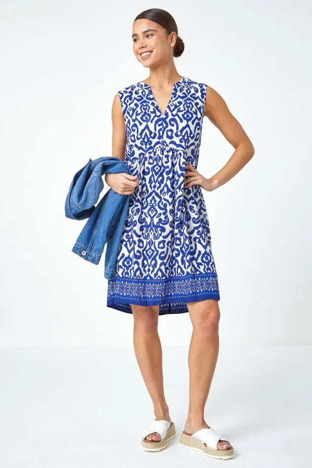 Navy Petite Sleeveless Aztec Print Tunic Dress Women Roman Dresses