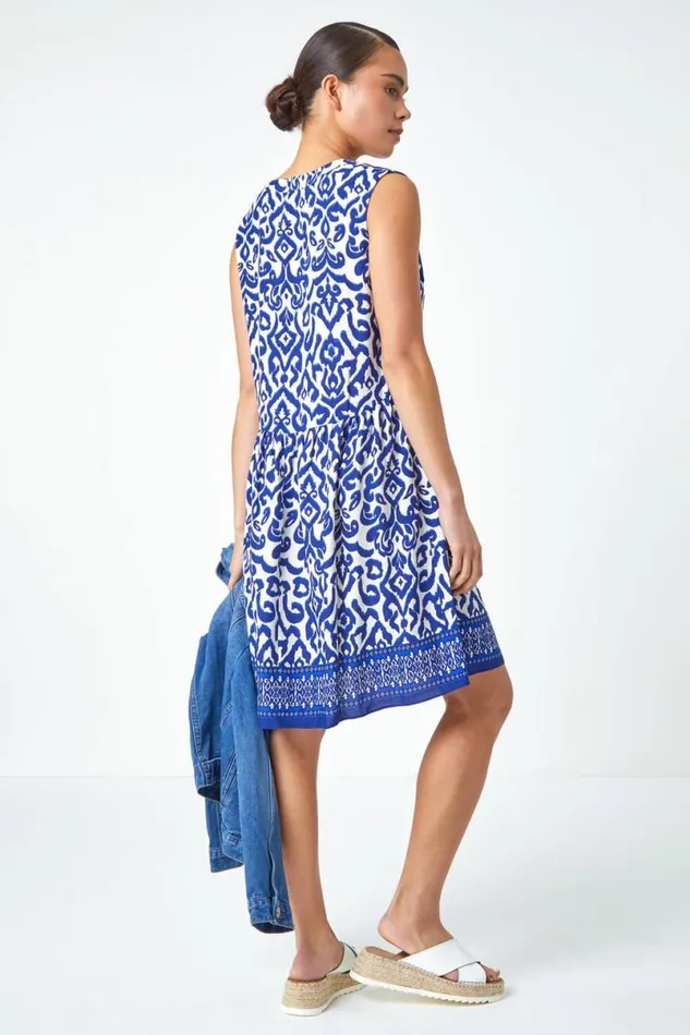 Navy Petite Sleeveless Aztec Print Tunic Dress Women Roman Dresses