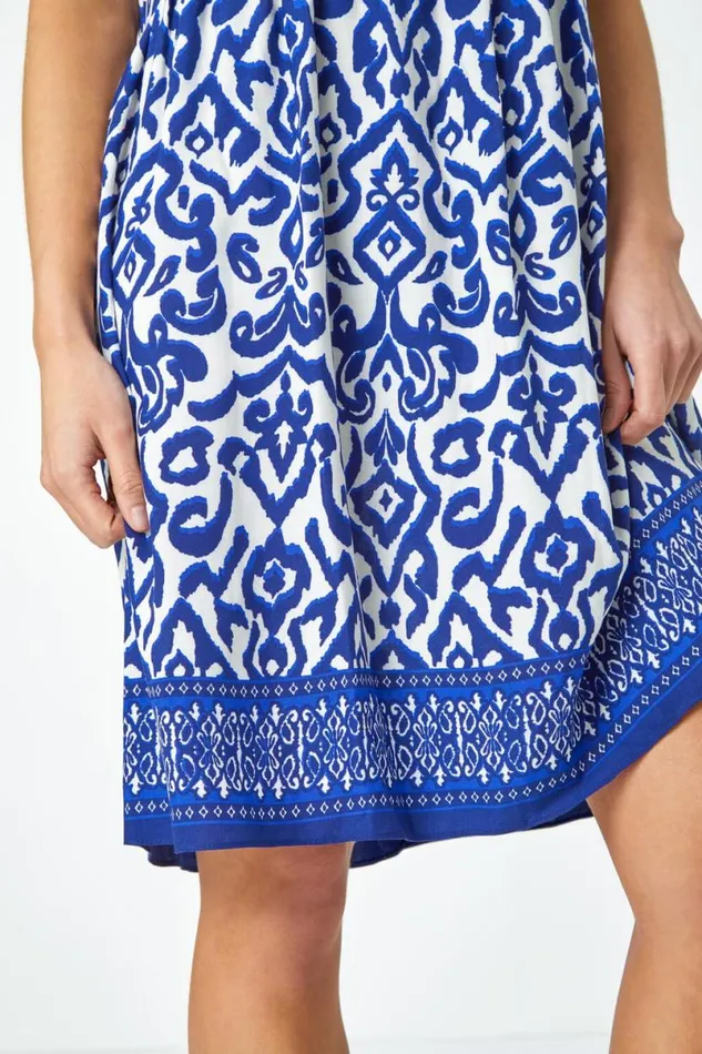 Navy Petite Sleeveless Aztec Print Tunic Dress Women Roman Dresses