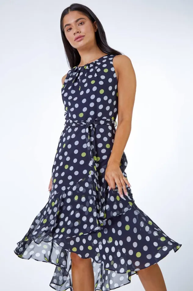 Navy Petite Spot Print Frill Trim Dress Women Roman Dresses