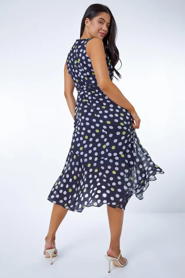 Navy Petite Spot Print Frill Trim Dress Women Roman Dresses