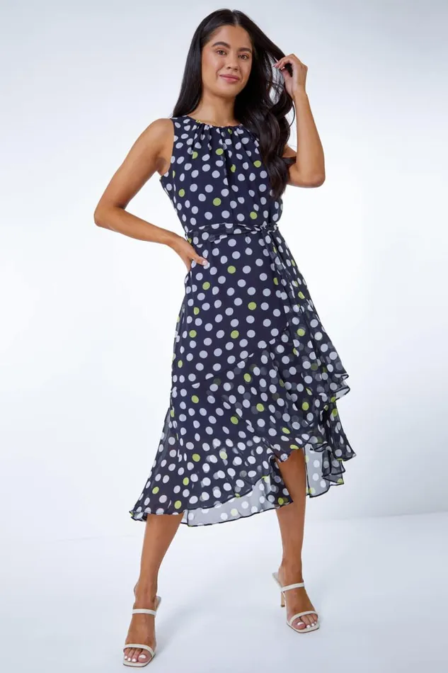 Navy Petite Spot Print Frill Trim Dress Women Roman Dresses