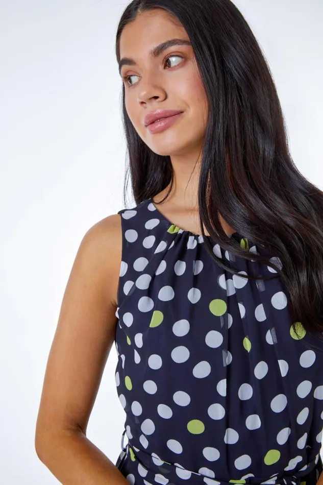 Navy Petite Spot Print Frill Trim Dress Women Roman Dresses