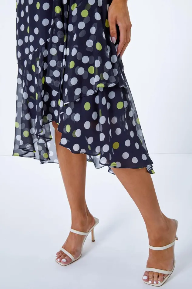 Navy Petite Spot Print Frill Trim Dress Women Roman Dresses