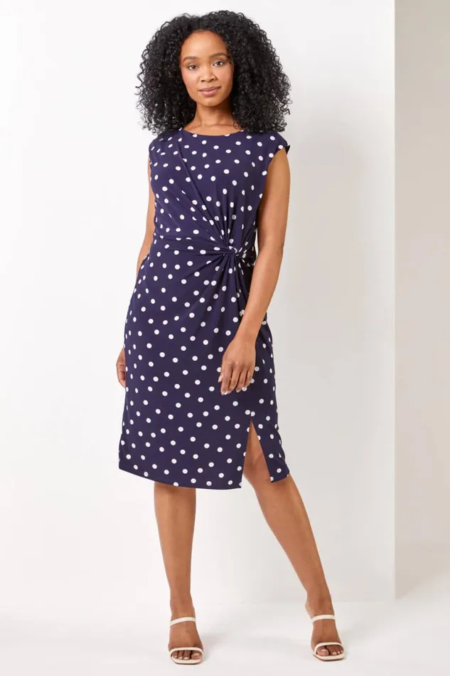 Navy Petite Spot Print Twist Ruched Midi Dress Women Roman Dresses