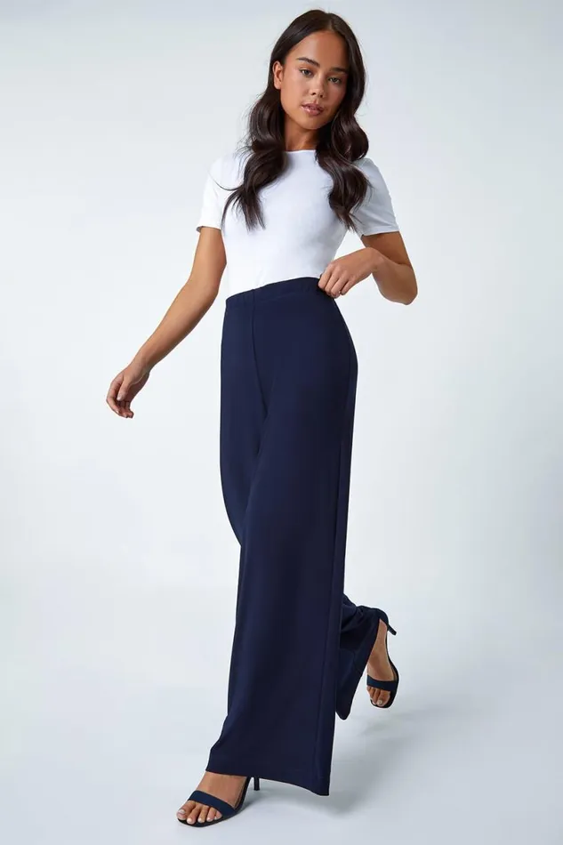 Navy Petite Wide Leg Stretch Trouser Women Roman Occasionwear