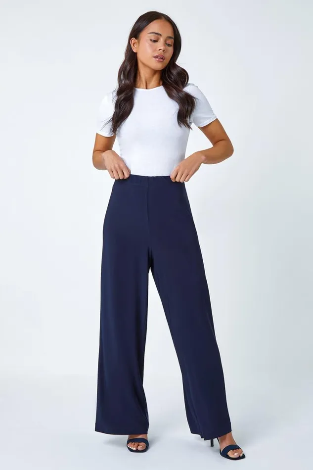 Navy Petite Wide Leg Stretch Trouser Women Roman Occasionwear