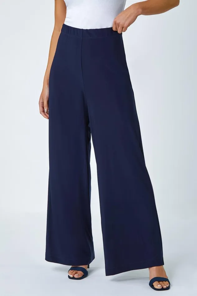 Navy Petite Wide Leg Stretch Trouser Women Roman Occasionwear