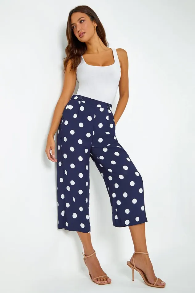 Navy Polka Dot Elastic Waist Culotte Trousers Women Roman Trousers