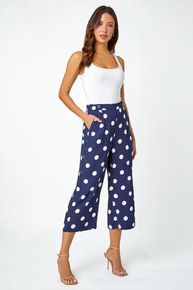 Navy Polka Dot Elastic Waist Culotte Trousers Women Roman Trousers