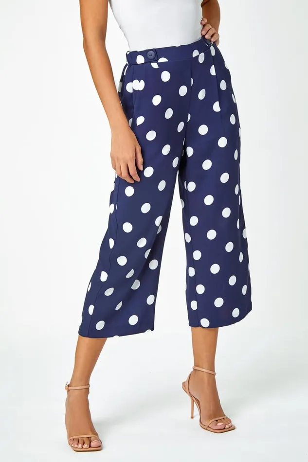 Navy Polka Dot Elastic Waist Culotte Trousers Women Roman Trousers