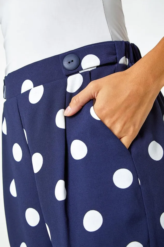 Navy Polka Dot Elastic Waist Culotte Trousers Women Roman Trousers