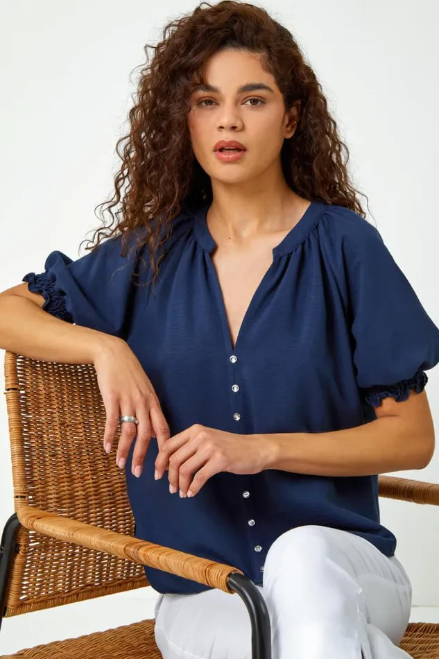 Navy Puff Sleeve Button Detail VNeck Blouse Women Roman Tops