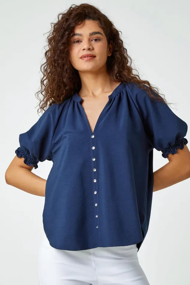 Navy Puff Sleeve Button Detail VNeck Blouse Women Roman Tops