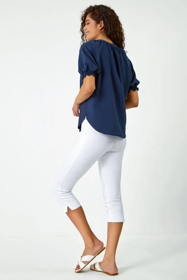 Navy Puff Sleeve Button Detail VNeck Blouse Women Roman Tops