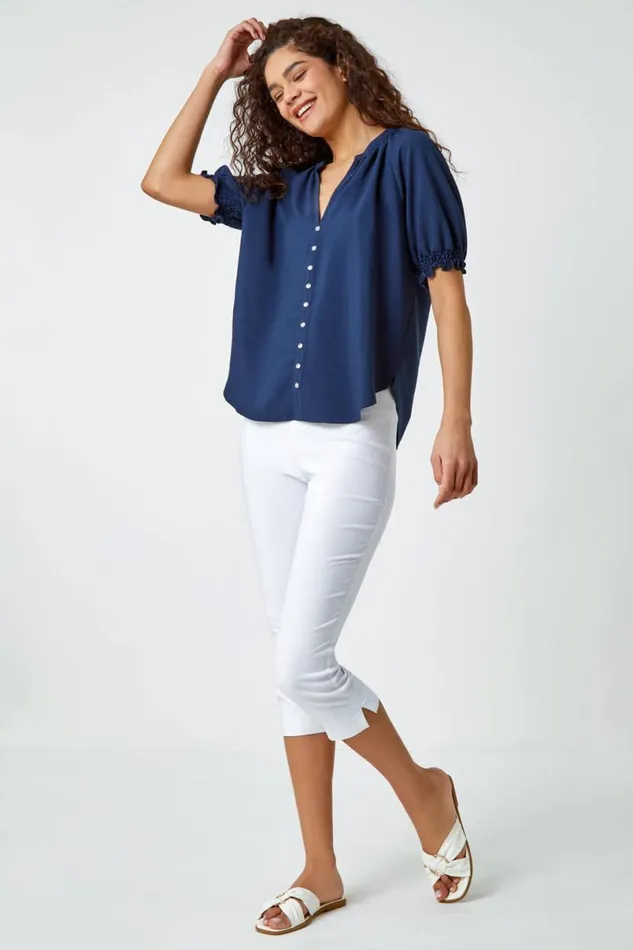Navy Puff Sleeve Button Detail VNeck Blouse Women Roman Tops