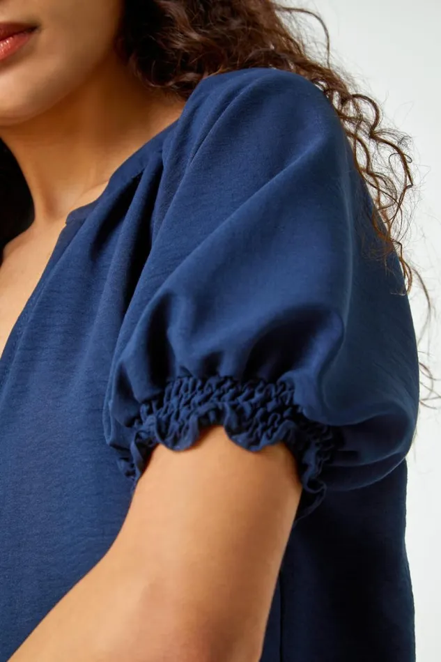 Navy Puff Sleeve Button Detail VNeck Blouse Women Roman Tops