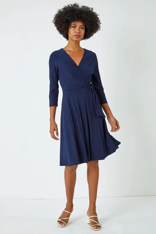 Navy Ring Buckle Wrap Stretch Dress Women Roman Dresses