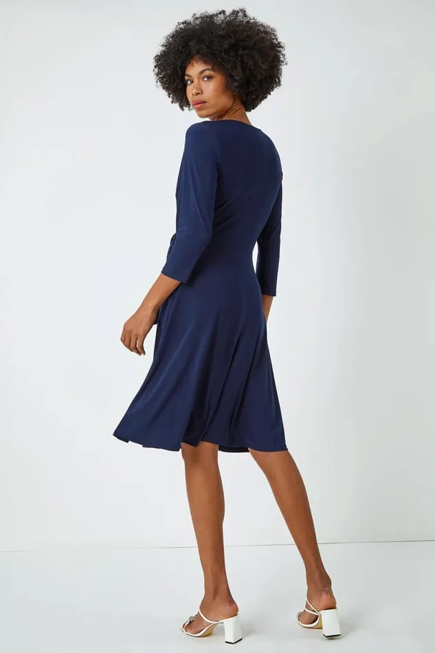 Navy Ring Buckle Wrap Stretch Dress Women Roman Dresses