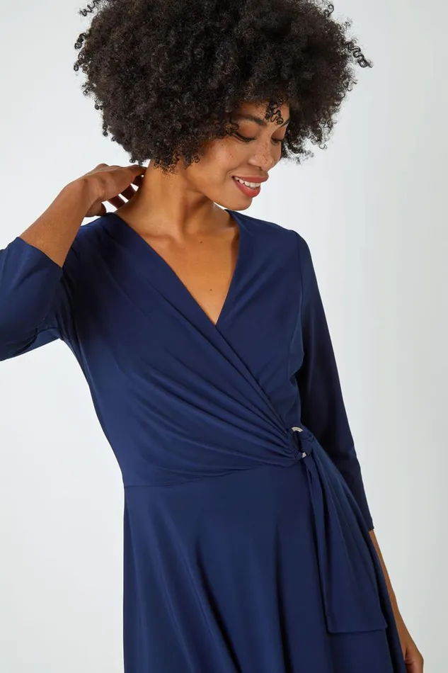 Navy Ring Buckle Wrap Stretch Dress Women Roman Dresses
