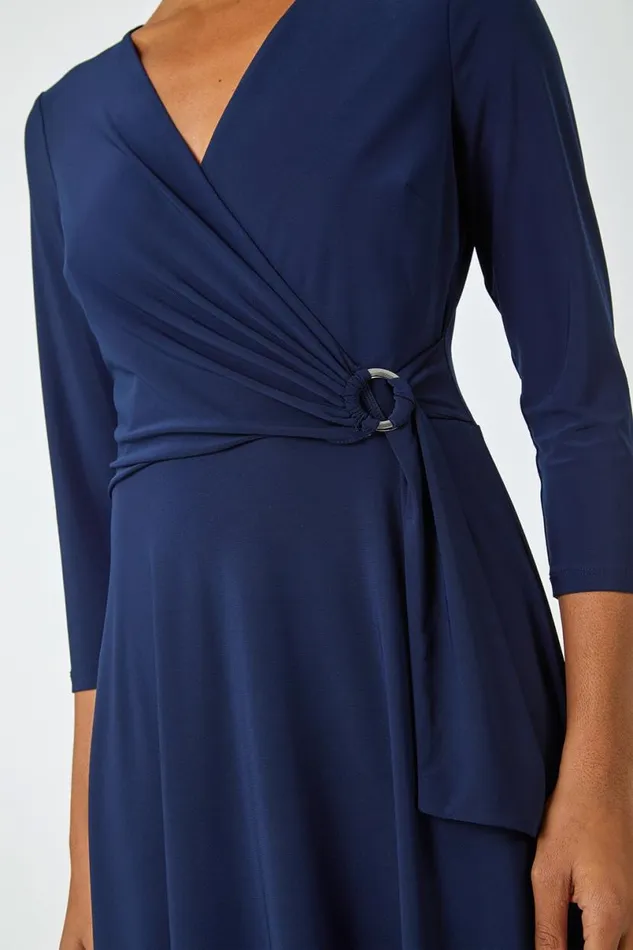 Navy Ring Buckle Wrap Stretch Dress Women Roman Dresses
