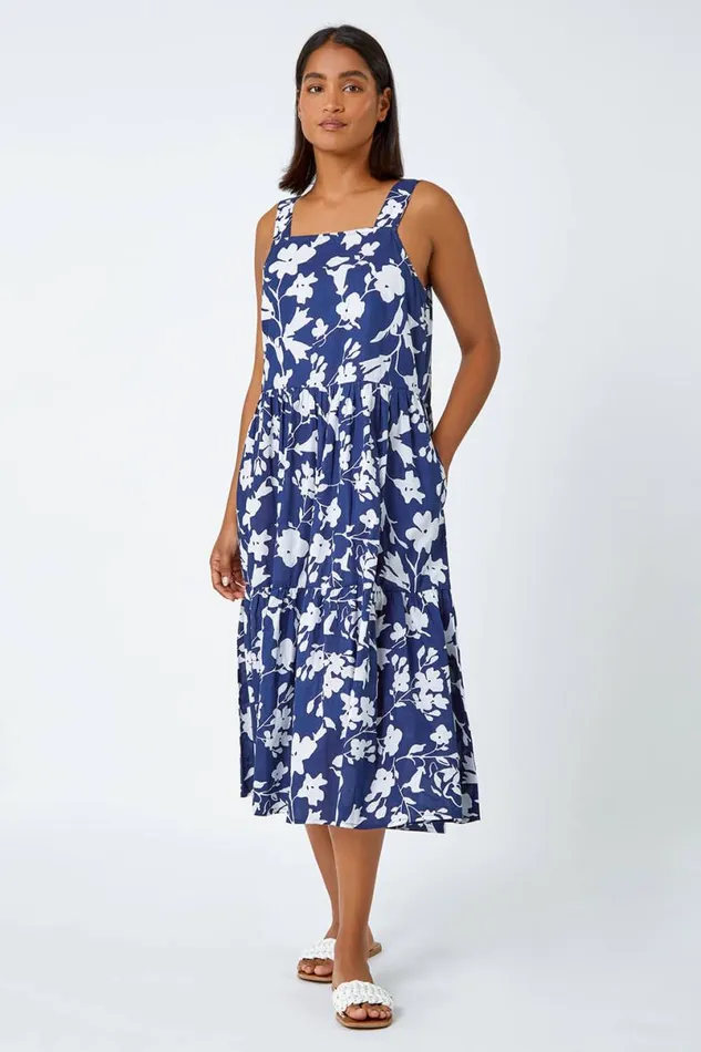 Navy Sleeveless Cotton Floral Midi Dress Women Roman Dresses