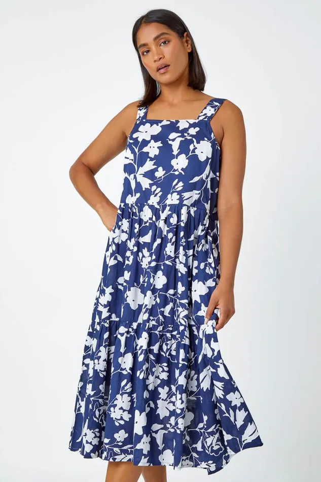 Navy Sleeveless Cotton Floral Midi Dress Women Roman Dresses