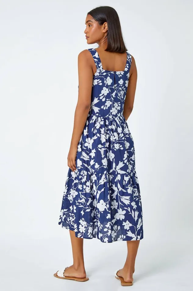Navy Sleeveless Cotton Floral Midi Dress Women Roman Dresses