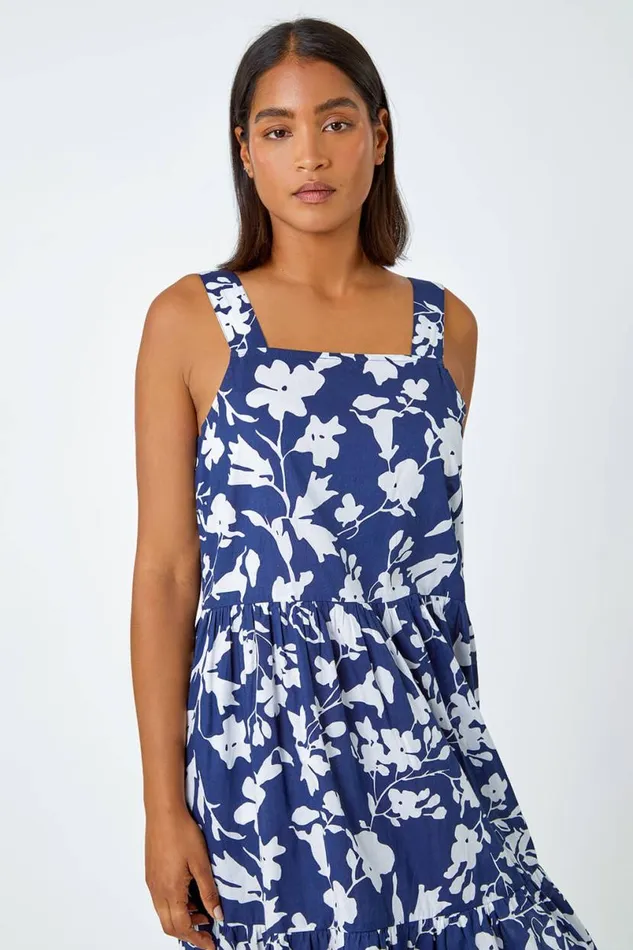 Navy Sleeveless Cotton Floral Midi Dress Women Roman Dresses