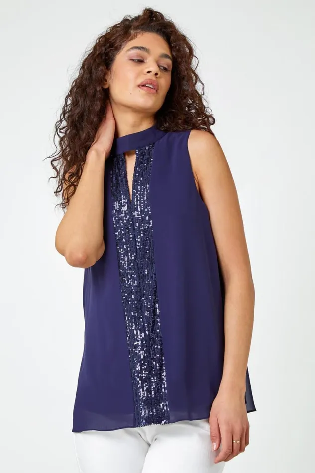 Navy Sleeveless High Neck Sequin Chiffon Top Women Roman Tops