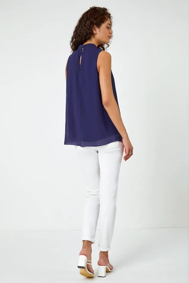 Navy Sleeveless High Neck Sequin Chiffon Top Women Roman Tops