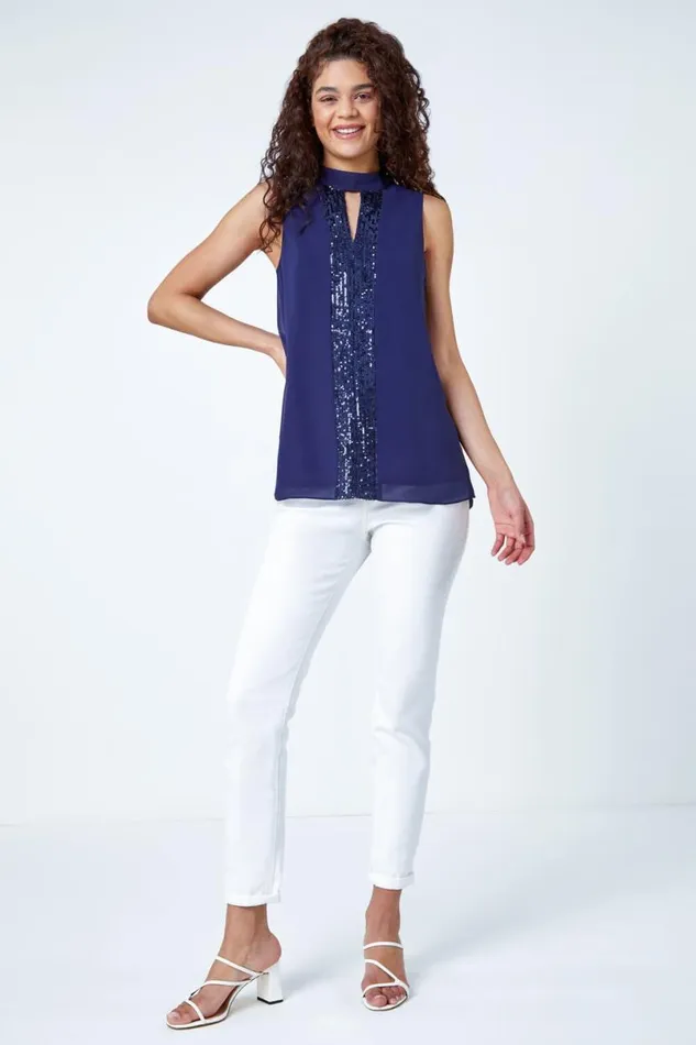Navy Sleeveless High Neck Sequin Chiffon Top Women Roman Tops