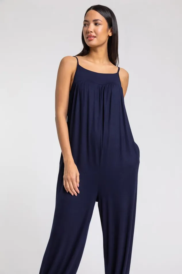 Navy Strappy Full Length Jersey Jumpsuit Women Roman Dresses